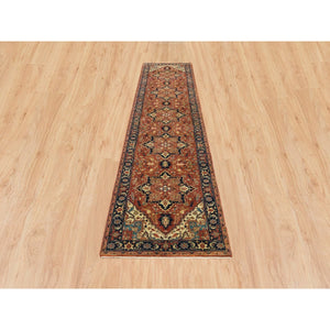 2'7"x12'1" Terracotta Red, Hand Knotted Antiqued Fine Heriz Re-Creation, Natural Dyes Dense Weave, Organic Wool, Runner Oriental Rug FWR392892