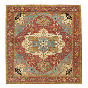 12'2"x12'2" Terracotta Red, Hand Knotted Antiqued Fine Heriz Re-Creation, Natural Dyes Dense Weave, Extra Soft Wool, Square Oriental Rug FWR393060