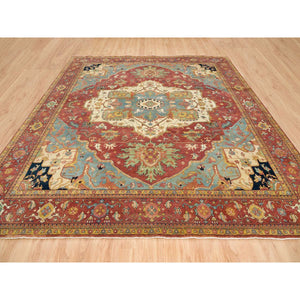 12'2"x12'2" Terracotta Red, Hand Knotted Antiqued Fine Heriz Re-Creation, Natural Dyes Dense Weave, Extra Soft Wool, Square Oriental Rug FWR393060