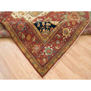 12'2"x12'2" Terracotta Red, Hand Knotted Antiqued Fine Heriz Re-Creation, Natural Dyes Dense Weave, Extra Soft Wool, Square Oriental Rug FWR393060