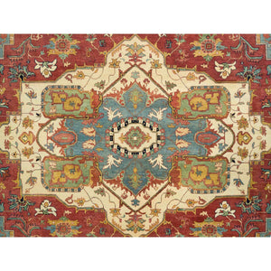 12'2"x12'2" Terracotta Red, Hand Knotted Antiqued Fine Heriz Re-Creation, Natural Dyes Dense Weave, Extra Soft Wool, Square Oriental Rug FWR393060