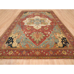 12'1"x18'2" Terracotta Red, Densely Woven 100% Wool, Hand Knotted Antiqued Fine Heriz Re-creation, Natural Dyes, Oversized Oriental Rug FWR393066
