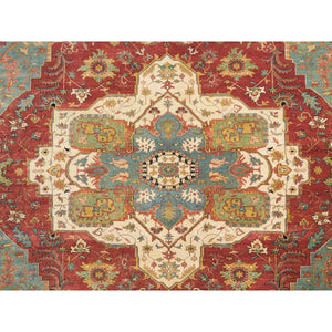 12'1"x18'2" Terracotta Red, Densely Woven 100% Wool, Hand Knotted Antiqued Fine Heriz Re-creation, Natural Dyes, Oversized Oriental Rug FWR393066