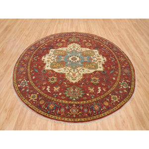 10'x10' Terracotta Red, Hand Knotted, Antiqued Fine Heriz Re-creation, Dense Weave, Natural Dyes, 100% Wool, Round Oriental Rug FWR393078
