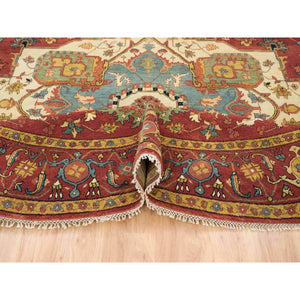 10'x10' Terracotta Red, Hand Knotted, Antiqued Fine Heriz Re-creation, Dense Weave, Natural Dyes, 100% Wool, Round Oriental Rug FWR393078