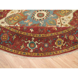 10'x10' Terracotta Red, Hand Knotted, Antiqued Fine Heriz Re-creation, Dense Weave, Natural Dyes, 100% Wool, Round Oriental Rug FWR393078