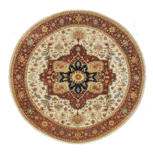 Load image into Gallery viewer, 10&#39;x10&#39; Ivory, Antiqued Fine Heriz, Re-Creation, Hand Knotted, 100% Wool, Round Oriental Rug FWR393102