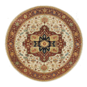 10'x10' Ivory, Antiqued Fine Heriz, Re-Creation, Hand Knotted, 100% Wool, Round Oriental Rug FWR393102