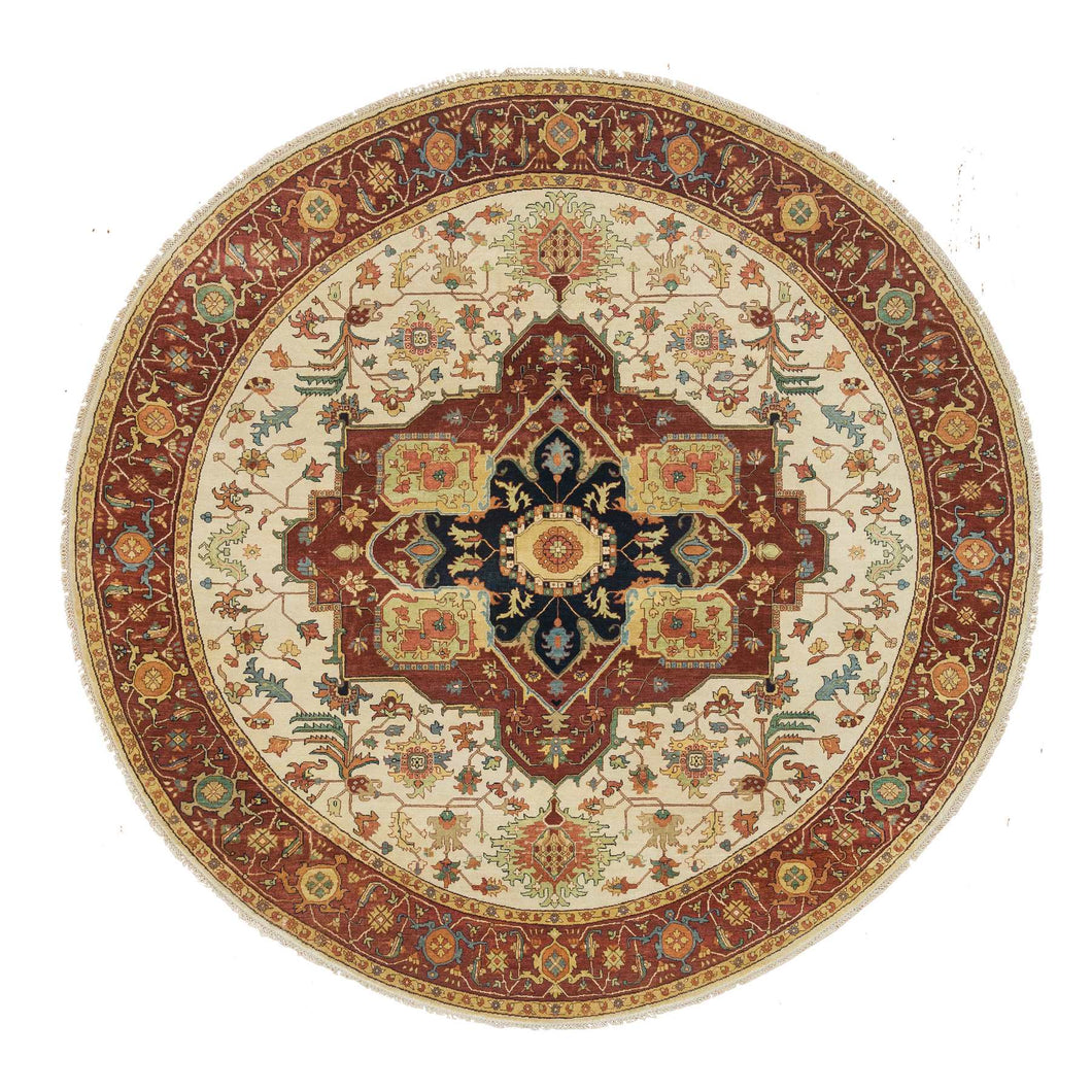 10'x10' Ivory, Antiqued Fine Heriz, Re-Creation, Hand Knotted, 100% Wool, Round Oriental Rug FWR393102