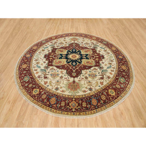 10'x10' Ivory, Antiqued Fine Heriz, Re-Creation, Hand Knotted, 100% Wool, Round Oriental Rug FWR393102