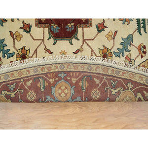 10'x10' Ivory, Antiqued Fine Heriz, Re-Creation, Hand Knotted, 100% Wool, Round Oriental Rug FWR393102