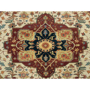 10'x10' Ivory, Antiqued Fine Heriz, Re-Creation, Hand Knotted, 100% Wool, Round Oriental Rug FWR393102