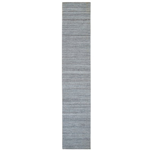 2'7"x14' Arsenic Gray, Pure Wool Thick and Plush, Hand Loomed, Modern Striae Design, Tone on tone, Runner Oriental Rug FWR393342