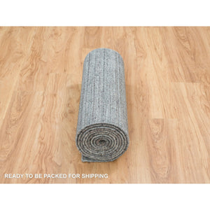 2'7"x14' Arsenic Gray, Pure Wool Thick and Plush, Hand Loomed, Modern Striae Design, Tone on tone, Runner Oriental Rug FWR393342