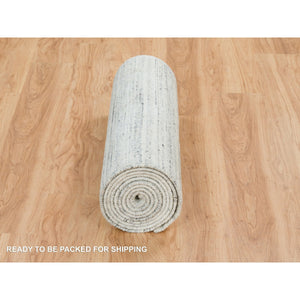 2'8"x14' Ivory, Plain Modern Striae Design, Soft and Vibrant Pile, Organic Wool, Hand Loomed, Runner Oriental Rug FWR393414