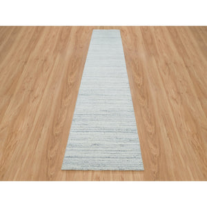 2'8"x13'10" Ivory, Pure Wool, Vegetable Dyes, Hand Loomed, Plain Modern Striae Design, Runner Soft Pile, Oriental Rug FWR393420