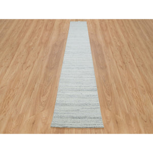 2'5"x15'9" Ivory, Soft Pile, Plain Modern Striae Design, Pure Wool, Hand Loomed, Runner Oriental Rug FWR393426