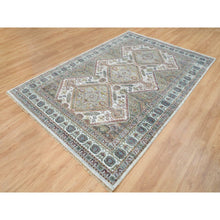 Load image into Gallery viewer, 6&#39;1&quot;x9&#39; Ivory, Shiraz Reimagined Unique Flower Rosettes Border Design, Thick And Plush Soft Pile, Natural Wool, Hand Knotted, Tone On Tone, Sustainable Oriental Rug FWR393462