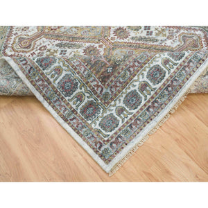 6'1"x9' Ivory, Shiraz Reimagined Unique Flower Rosettes Border Design, Thick And Plush Soft Pile, Natural Wool, Hand Knotted, Tone On Tone, Sustainable Oriental Rug FWR393462