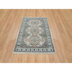 4'x5'10" Ivory, Shiraz Reimagined Unique Flower Rosettes Border Design, Vegetable Dyes, Natural Wool, Hand Knotted, Tone On Tone, Sustainable Oriental Rug FWR393468