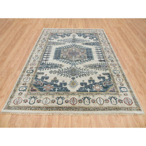 7'9"x10'4" Ivory with Soft Tones, Natural Wool, Hand Knotted, Thick and Plush Soft Pile, Reimagined Persian Viss Design, Vegetable Dyes, Oriental Rug FWR393516