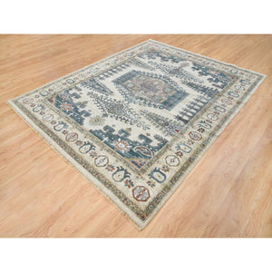 7'9"x10'4" Ivory with Soft Tones, Natural Wool, Hand Knotted, Thick and Plush Soft Pile, Reimagined Persian Viss Design, Vegetable Dyes, Oriental Rug FWR393516