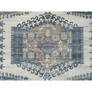 7'9"x10'4" Ivory with Soft Tones, Natural Wool, Hand Knotted, Thick and Plush Soft Pile, Reimagined Persian Viss Design, Vegetable Dyes, Oriental Rug FWR393516