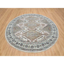 Load image into Gallery viewer, 9&#39;9&quot;x9&#39;9&quot; Ivory, Hand Knotted, Tone On Tone, Original Wool, Shiraz Reimagined Unique Flower Rosettes Border Design, Soft Pile, Round Sustainable Oriental Rug FWR393534