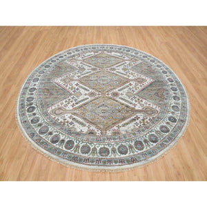 9'9"x9'9" Ivory, Hand Knotted, Tone On Tone, Original Wool, Shiraz Reimagined Unique Flower Rosettes Border Design, Soft Pile, Round Sustainable Oriental Rug FWR393534