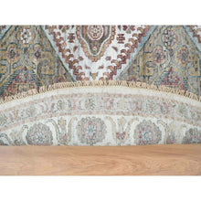 Load image into Gallery viewer, 9&#39;9&quot;x9&#39;9&quot; Ivory, Hand Knotted, Tone On Tone, Original Wool, Shiraz Reimagined Unique Flower Rosettes Border Design, Soft Pile, Round Sustainable Oriental Rug FWR393534