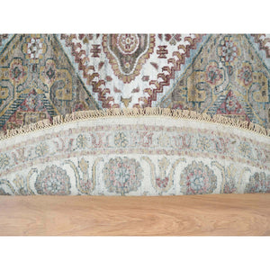 9'9"x9'9" Ivory, Hand Knotted, Tone On Tone, Original Wool, Shiraz Reimagined Unique Flower Rosettes Border Design, Soft Pile, Round Sustainable Oriental Rug FWR393534