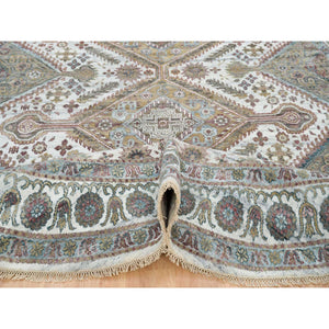 9'9"x9'9" Ivory, Hand Knotted, Tone On Tone, Original Wool, Shiraz Reimagined Unique Flower Rosettes Border Design, Soft Pile, Round Sustainable Oriental Rug FWR393534