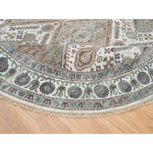 9'9"x9'9" Ivory, Hand Knotted, Tone On Tone, Original Wool, Shiraz Reimagined Unique Flower Rosettes Border Design, Soft Pile, Round Sustainable Oriental Rug FWR393534
