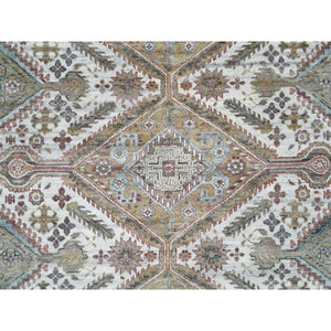 9'9"x9'9" Ivory, Hand Knotted, Tone On Tone, Original Wool, Shiraz Reimagined Unique Flower Rosettes Border Design, Soft Pile, Round Sustainable Oriental Rug FWR393534