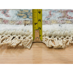 9'9"x9'9" Ivory, Hand Knotted, Tone On Tone, Original Wool, Shiraz Reimagined Unique Flower Rosettes Border Design, Soft Pile, Round Sustainable Oriental Rug FWR393534