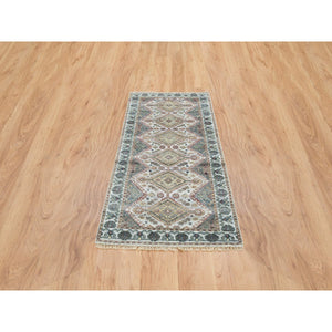 2'8"x6' Ivory, Organic Wool Hand Knotted, Shiraz Reimagined, Thick And Lush Soft Pile, Unique Flower Rosettes Border Design, Runner Sustainable Oriental Rug FWR393606