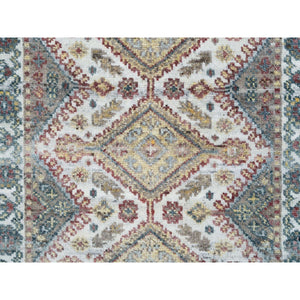 2'8"x6' Ivory, Organic Wool Hand Knotted, Shiraz Reimagined, Thick And Lush Soft Pile, Unique Flower Rosettes Border Design, Runner Sustainable Oriental Rug FWR393606