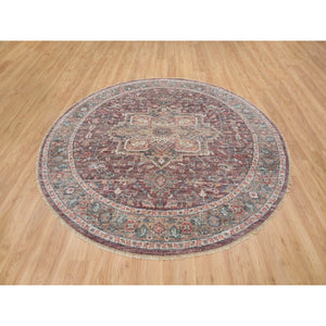 8'x8' Light Burgundy, Vegetable Dyes, Soft Wool, Heriz Revival, Thick And Plush, Hand Knotted, Round Oriental Rug FWR393672
