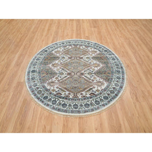 5'10"x5'10" Ivory, Shiraz Reimagined Unique Flower Rosettes Border Design, Soft Pile, Soft Wool Hand Knotted, Tone On Tone, Round Sustainable Oriental Rug FWR393690
