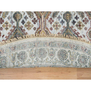 5'10"x5'10" Ivory, Shiraz Reimagined Unique Flower Rosettes Border Design, Soft Pile, Soft Wool Hand Knotted, Tone On Tone, Round Sustainable Oriental Rug FWR393690