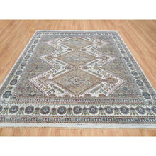 Load image into Gallery viewer, 9&#39;10&quot;x10&#39; Ivory, Natural Dyes, Tone On Tone, Extra Soft Wool, Hand Knotted Shiraz Reimagined Unique Flower Rosettes Border Design, Soft &amp; Vibrant Pile, Oriental Rug FWR393708