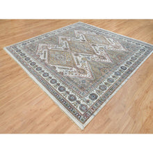 Load image into Gallery viewer, 9&#39;10&quot;x10&#39; Ivory, Natural Dyes, Tone On Tone, Extra Soft Wool, Hand Knotted Shiraz Reimagined Unique Flower Rosettes Border Design, Soft &amp; Vibrant Pile, Oriental Rug FWR393708