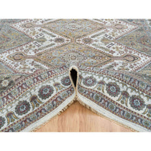 Load image into Gallery viewer, 9&#39;10&quot;x10&#39; Ivory, Natural Dyes, Tone On Tone, Extra Soft Wool, Hand Knotted Shiraz Reimagined Unique Flower Rosettes Border Design, Soft &amp; Vibrant Pile, Oriental Rug FWR393708