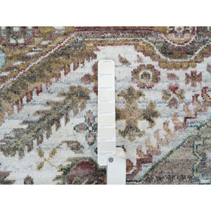 9'10"x10' Ivory, Natural Dyes, Tone On Tone, Extra Soft Wool, Hand Knotted Shiraz Reimagined Unique Flower Rosettes Border Design, Soft & Vibrant Pile, Oriental Rug FWR393708