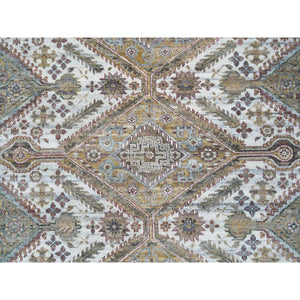 9'10"x10' Ivory, Natural Dyes, Tone On Tone, Extra Soft Wool, Hand Knotted Shiraz Reimagined Unique Flower Rosettes Border Design, Soft & Vibrant Pile, Oriental Rug FWR393708
