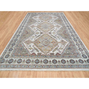 12'x17'10" Ivory, Organic Wool Hand Knotted, Shiraz Reimagined, Soft And Vibrant Pile, Unique Flower Rosettes Border Design, Oversize Sustainable Oriental Rug FWR393726