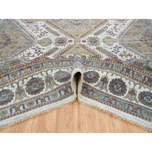 12'x17'10" Ivory, Organic Wool Hand Knotted, Shiraz Reimagined, Soft And Vibrant Pile, Unique Flower Rosettes Border Design, Oversize Sustainable Oriental Rug FWR393726