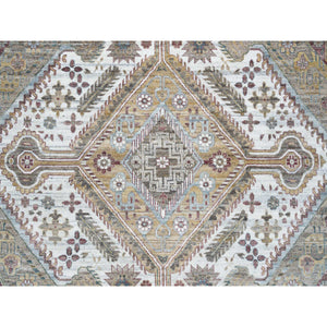 12'x17'10" Ivory, Organic Wool Hand Knotted, Shiraz Reimagined, Soft And Vibrant Pile, Unique Flower Rosettes Border Design, Oversize Sustainable Oriental Rug FWR393726