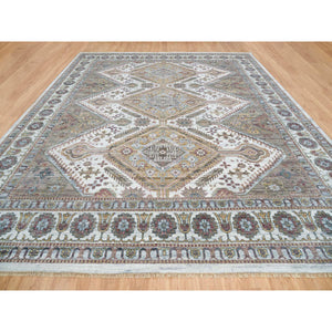 13'9"x15'10" Ivory, Hand Knotted, Natural Dyes, 100% Wool, Shiraz Reimagined, Thick And Plush, Unique Flower Rosettes Border Design, Oversize Sustainable Oriental Rug FWR393732