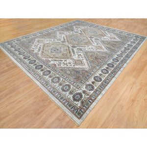 13'9"x15'10" Ivory, Hand Knotted, Natural Dyes, 100% Wool, Shiraz Reimagined, Thick And Plush, Unique Flower Rosettes Border Design, Oversize Sustainable Oriental Rug FWR393732